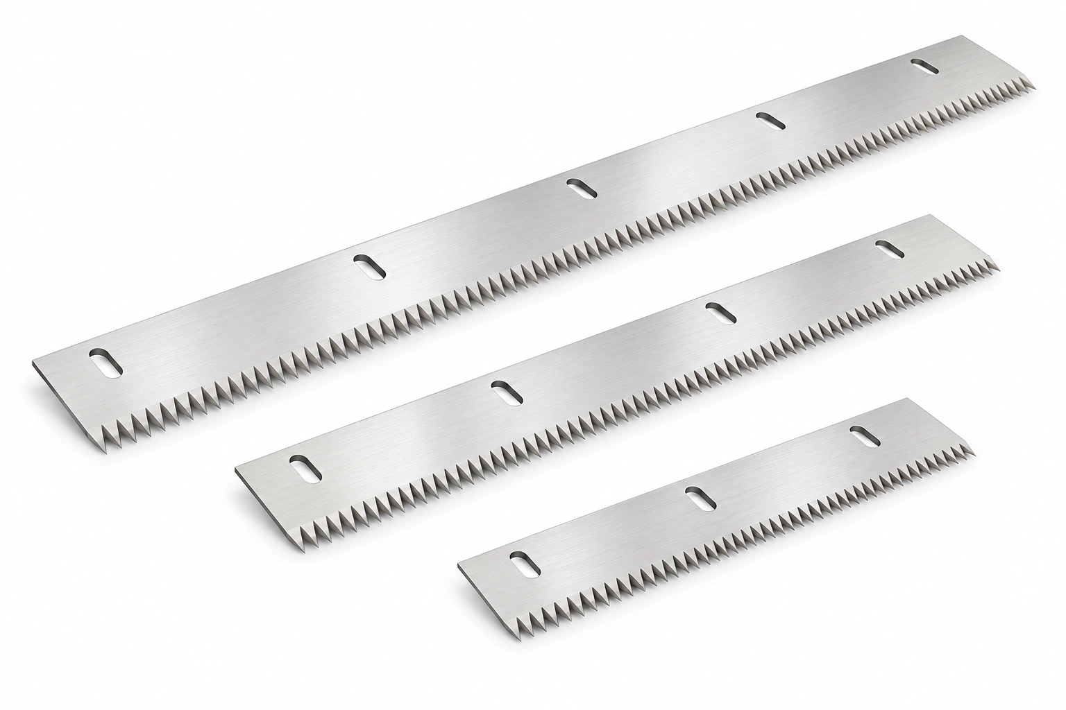 Long serrated industrial knife with mounting slots