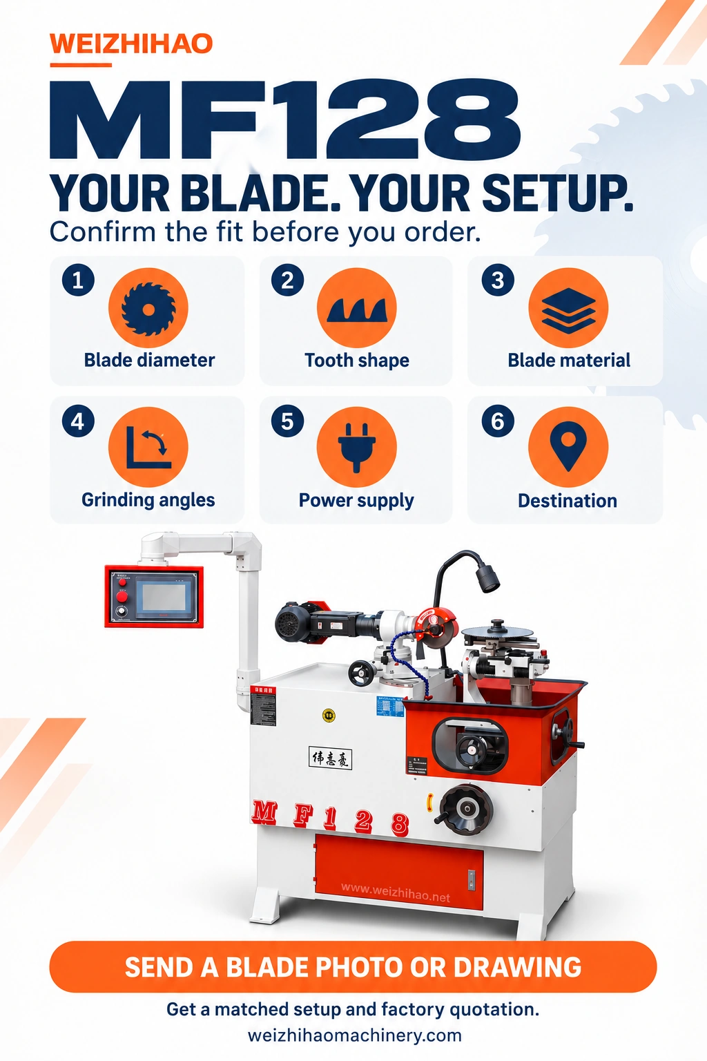 MF128 blade matching and factory quotation weizhihaomachinerycom Blade dimensions tooth shape material and power supply information for an MF128 machine quotation